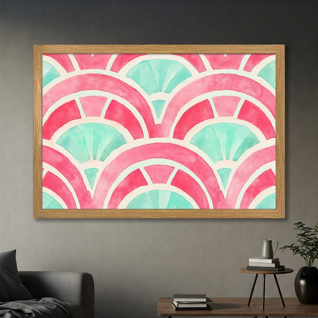 Framed Poster with watercolor abstract art in pink and teal. Modern wall decor for your home.