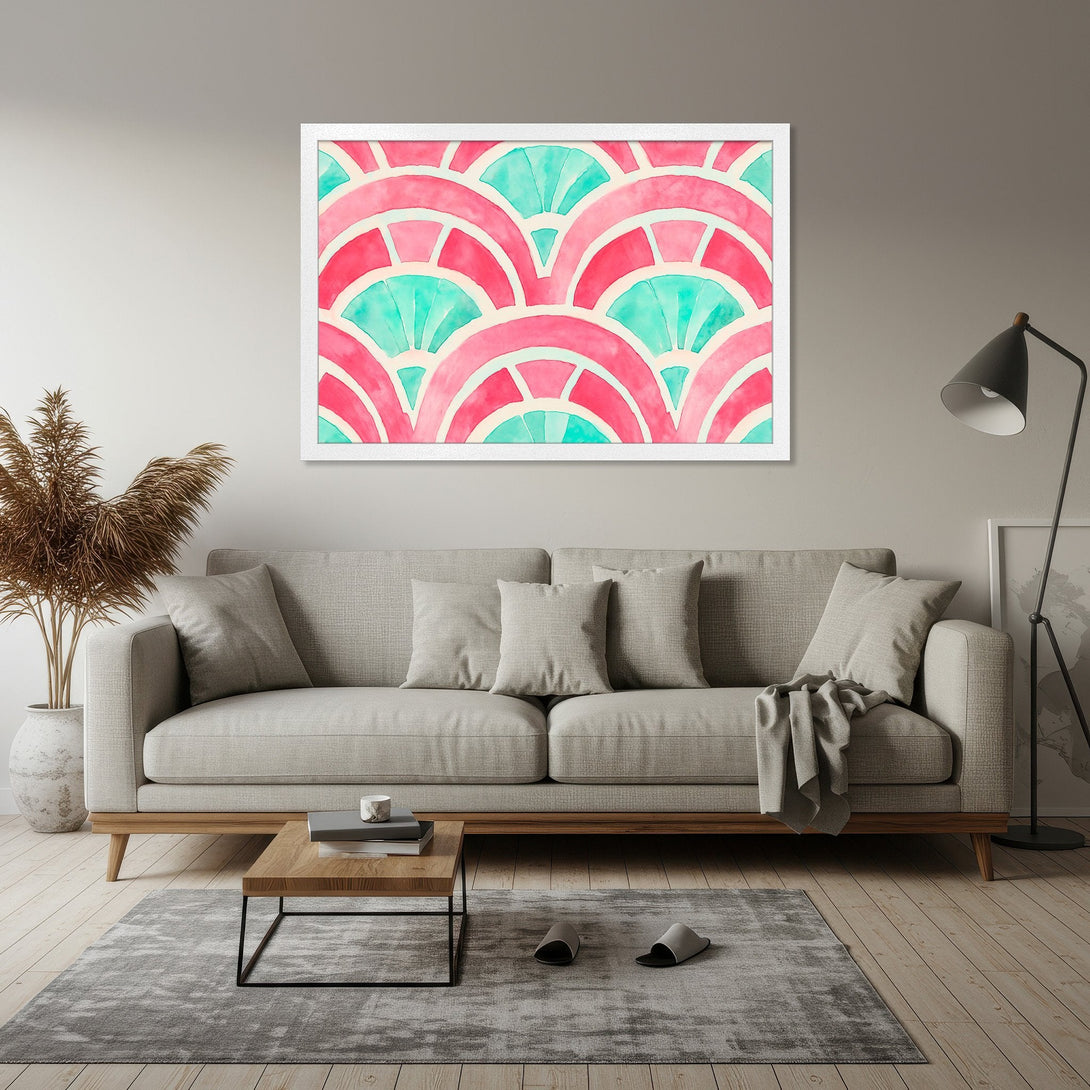 Framed Poster featuring a watercolor abstract design in pink and teal. Modern art print for home decor.