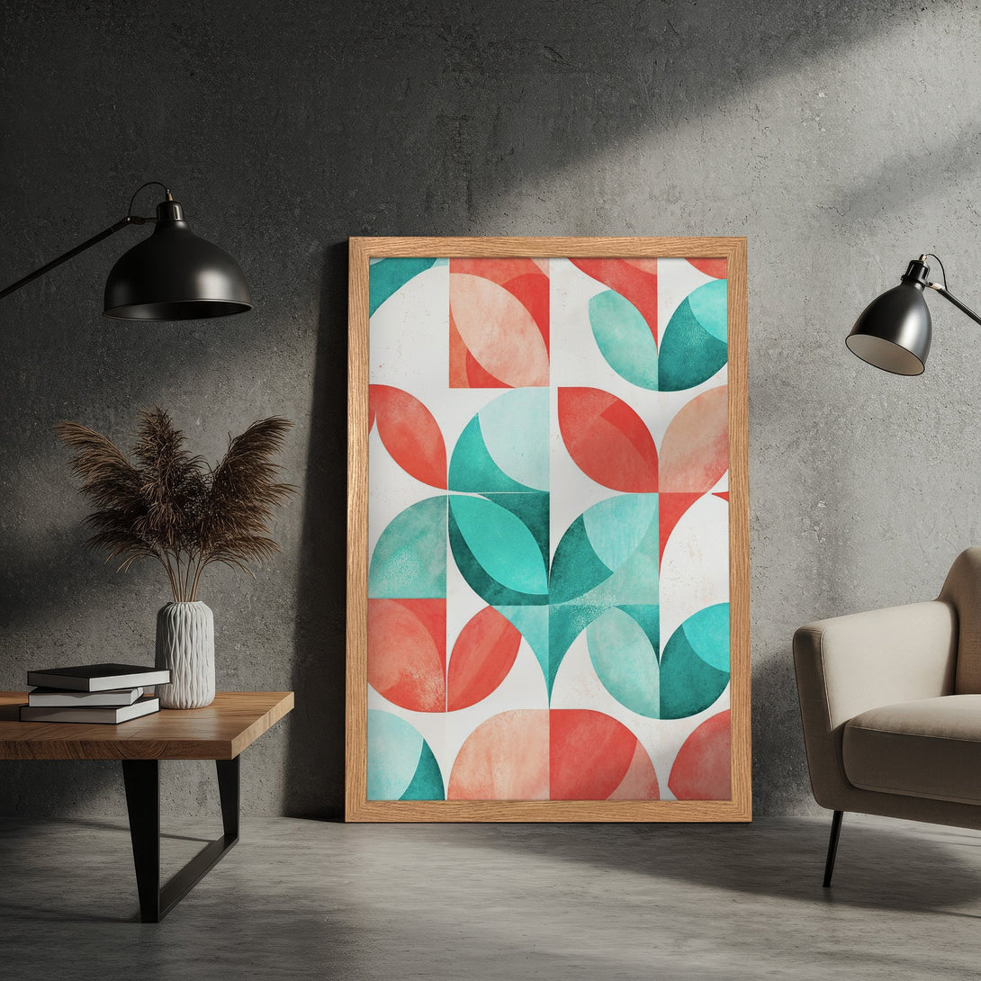 Framed Poster with geometric design in teal, coral, and white. Modern art style, perfect for home decor.