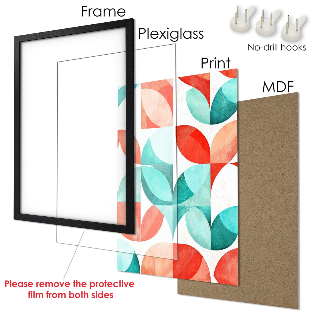 Framed Poster with abstract geometric design in red, teal, and peach color palette. Modern wall art print for home decor.
