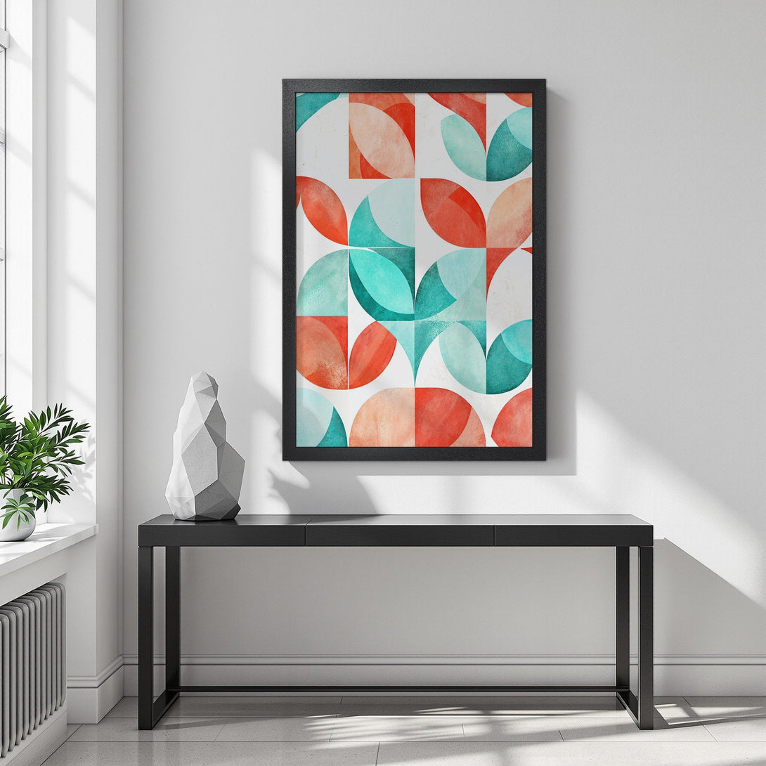 Framed Poster featuring a geometric design in teal, orange, and white. Modern art style, perfect for home decor.