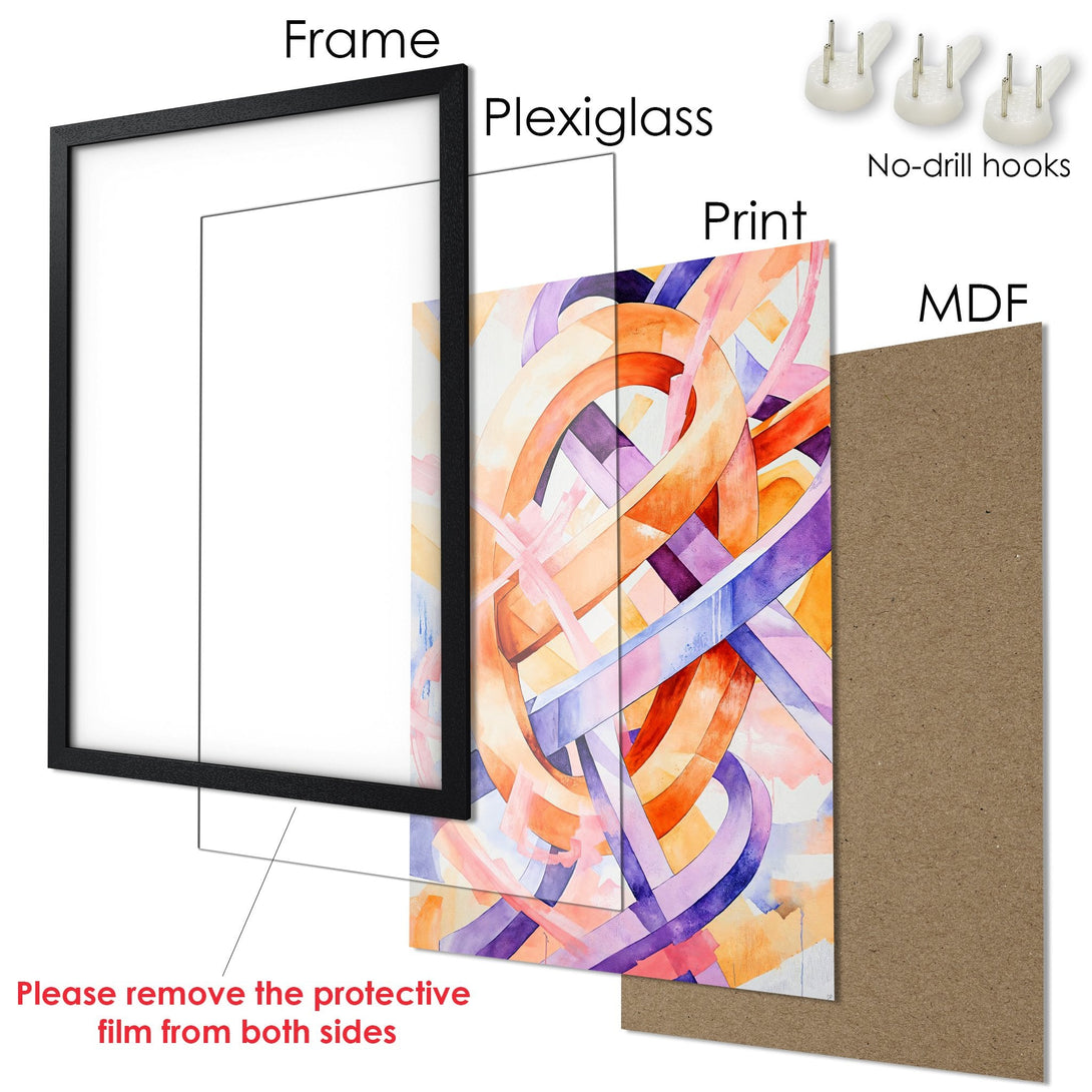 Framed Poster with abstract art in watercolor style, featuring orange, purple, and pink hues. Perfect wall decor!