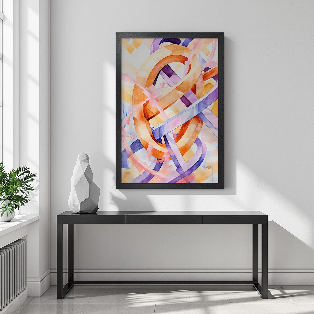 Framed Poster featuring abstract watercolor art in orange, purple, and pink hues. Modern art style, perfect for home decor.