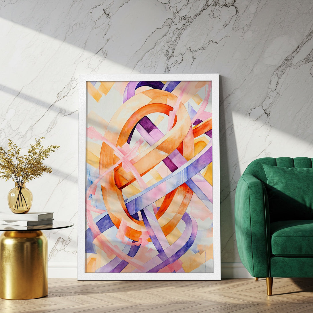 Framed Poster featuring abstract watercolor art in orange, purple, and pink hues. Modern art print for home decor.
