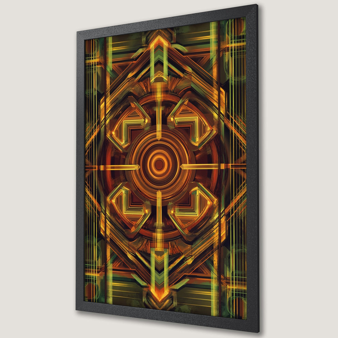 Framed Poster featuring an abstract geometric design in warm orange, yellow, and green tones. Modern art print for your wall decor.