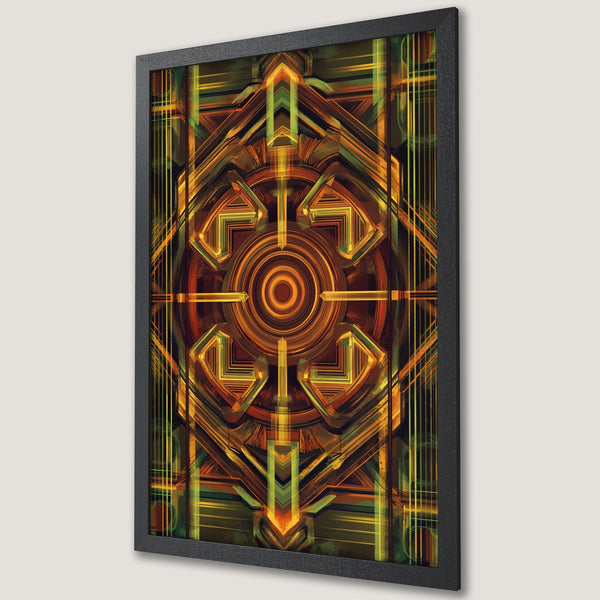 Framed Poster featuring an abstract geometric design in warm orange, yellow, and green tones. Modern art print for your wall decor.