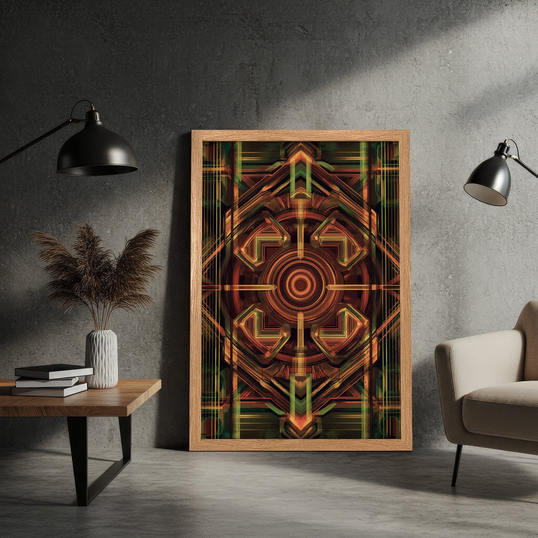 Framed Poster featuring abstract geometric art in warm orange and green tones, perfect wall decor.