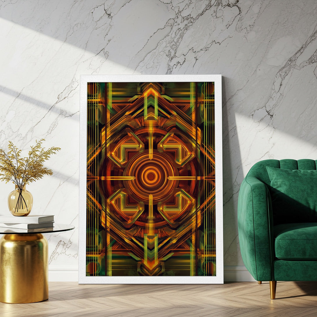 Framed Poster featuring an abstract geometric design in warm orange, yellow, and green tones. Modern art for your home!