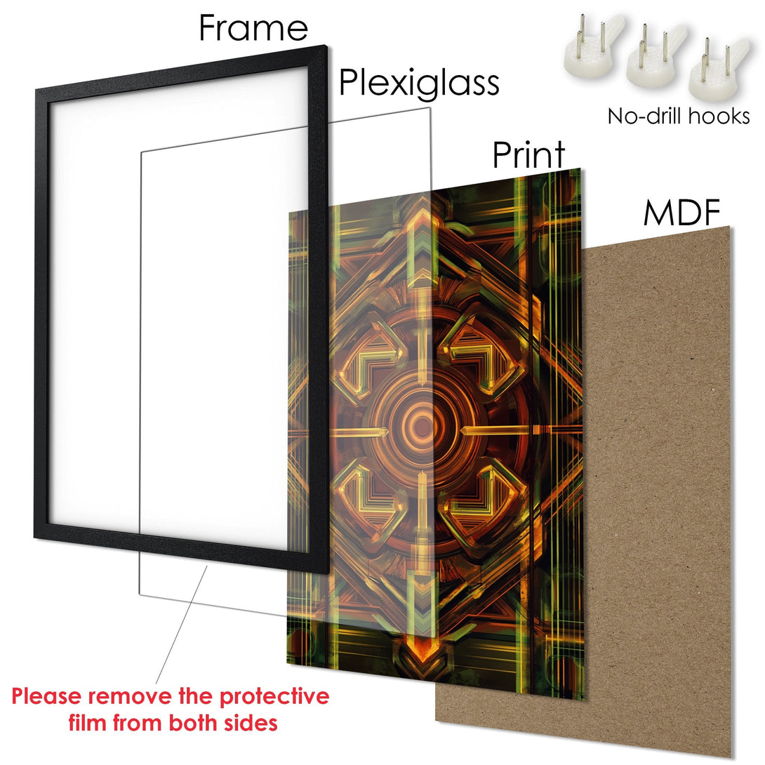 Framed Poster with abstract art in warm orange and green tones. Modern wall decor for your home.