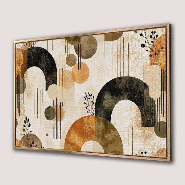 Framed Wall Art featuring abstract geometric shapes in earthy tones. Modern canvas print perfect for adding a touch of sophistication to any space.