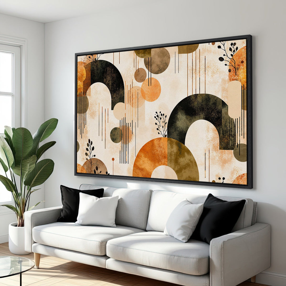 Framed Wall Art featuring abstract geometric design in warm earth tones. Modern art for your home decor.