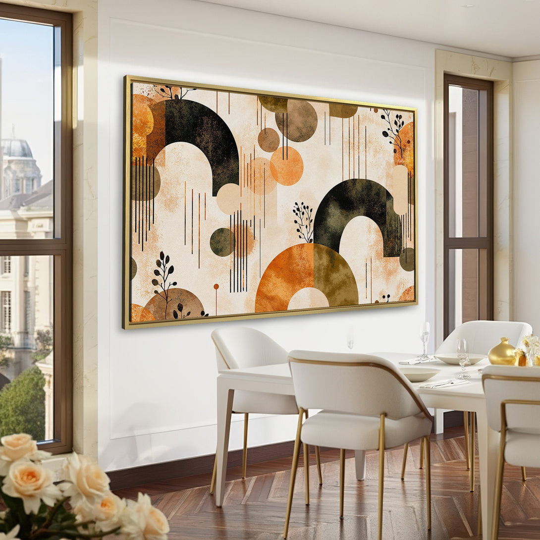 Canvas Print: Abstract geometric art in neutral tones (beige, brown, black) displayed in a stylish, green-walled interior. Perfect wall decor!