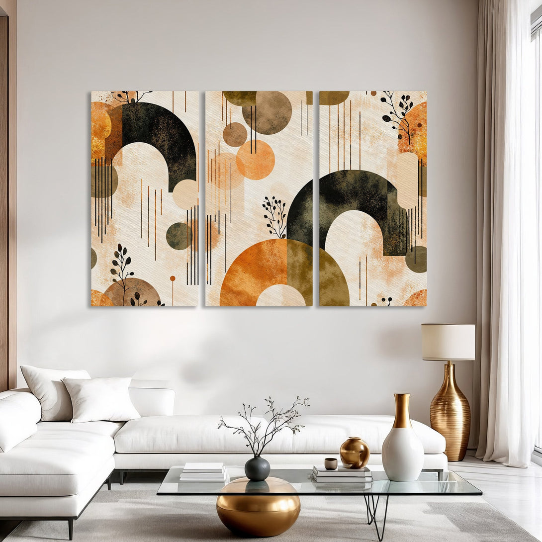 Abstract Canvas Print art in warm earth tones. Modern geometric design with circles and arches, perfect for living room decor.