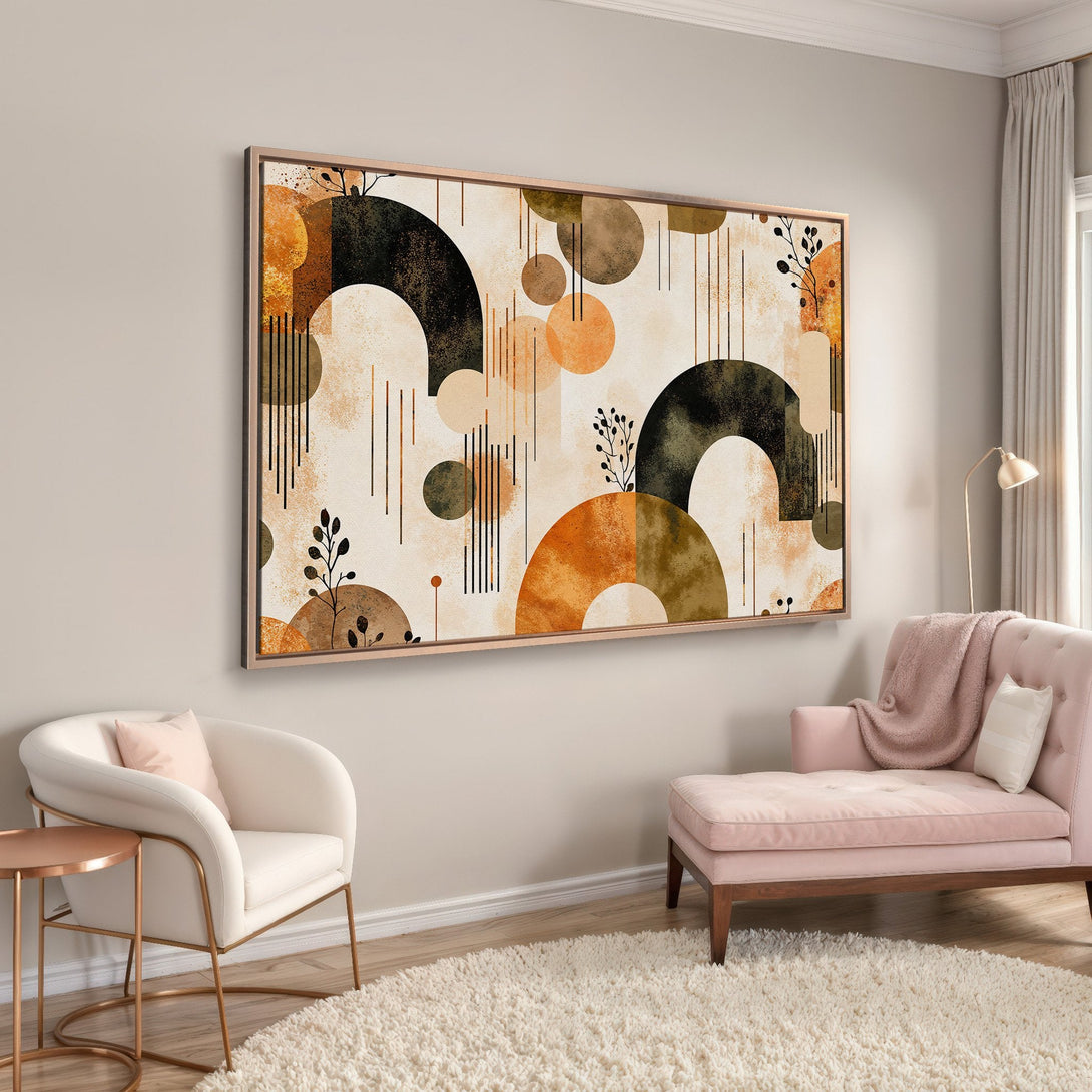 Framed Wall Art: Abstract geometric design in warm earth tones. Modern Canvas Print adds a stylish touch to any interior with a neutral color palette.