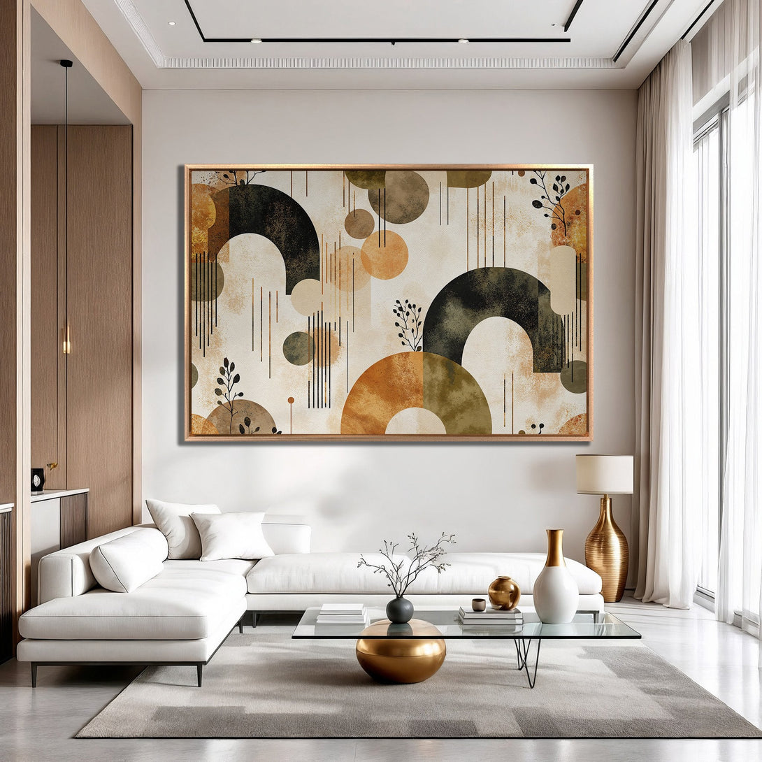 Framed Wall Art: Abstract geometric design in warm earth tones. Modern art print perfect for living room decor.