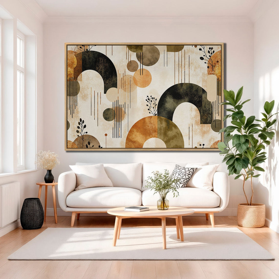 Framed Wall Art: Abstract geometric Canvas Print in warm earth tones. Modern art piece adds a stylish touch to any living room.