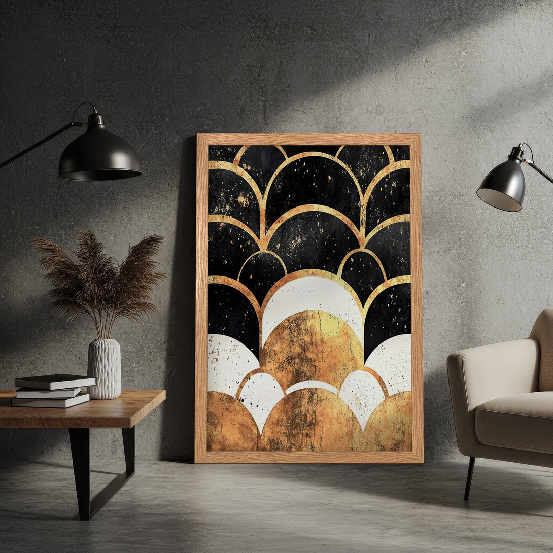 Framed Poster featuring an abstract Art Deco design in black, gold, and white. Modern wall art for home decor.