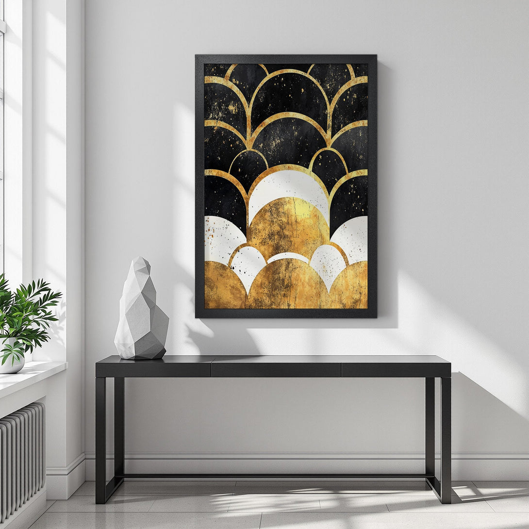 Framed Poster featuring an Art Deco design with gold and black color palette. Enhance your home decor with this stylish poster!