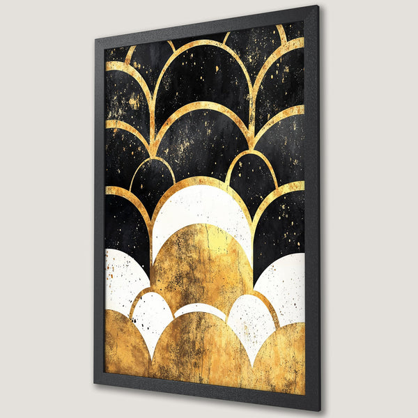 Framed Poster featuring an abstract geometric design in black, gold, and white. Modern art print for home decor.
