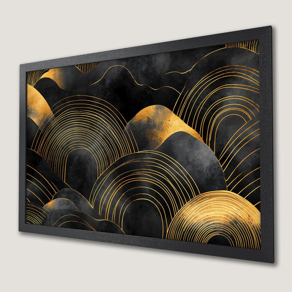 Framed Poster featuring abstract gold lines on black, modern art decor.