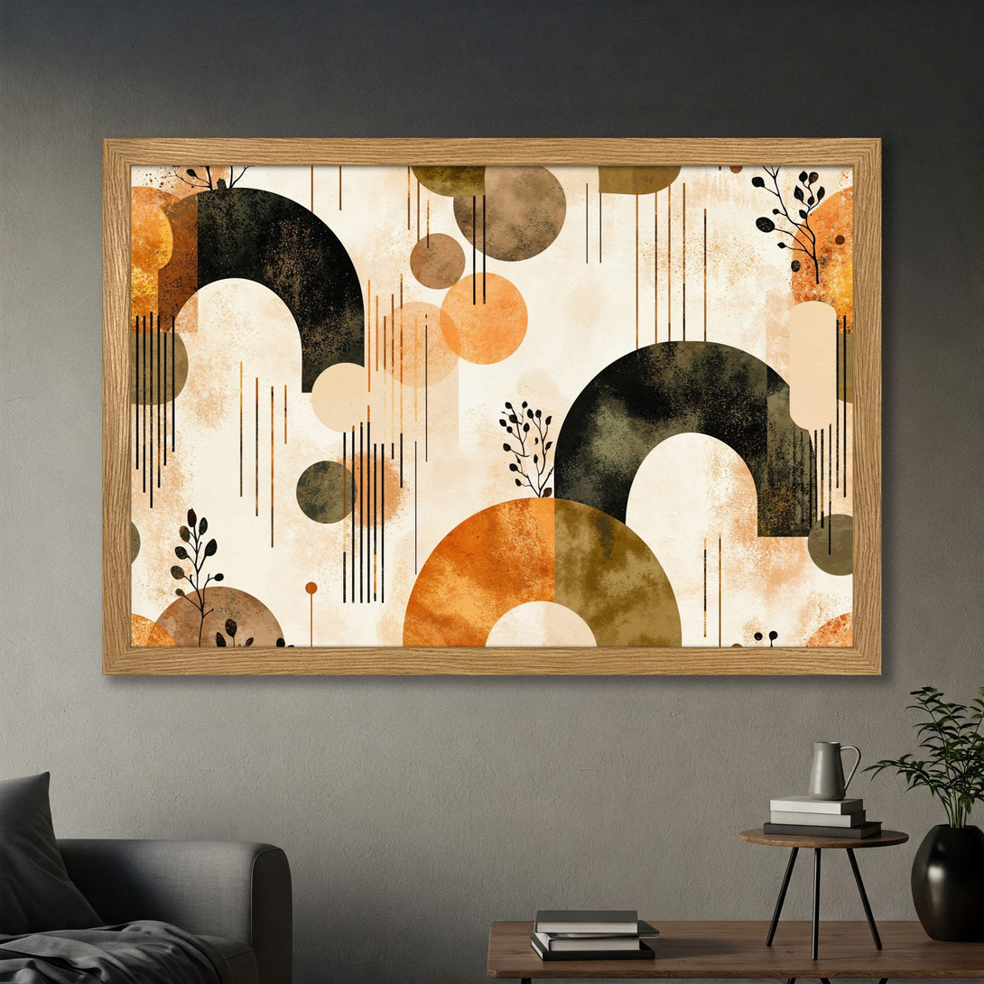 Framed Poster featuring abstract geometric art with warm orange, brown, and black tones. Modern style, perfect for home decor.