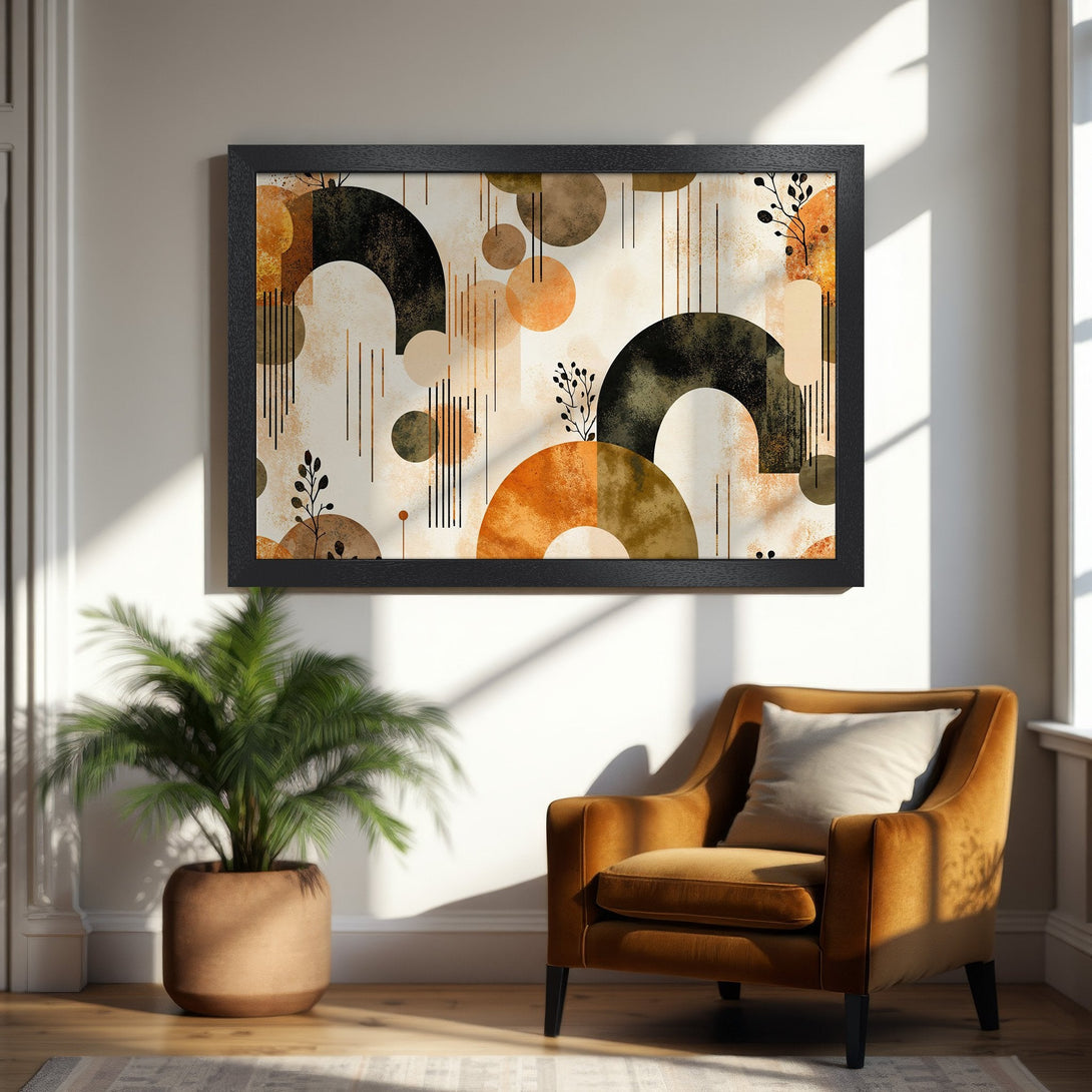 Framed Poster featuring abstract geometric art in warm earth tones, perfect for modern home decor.