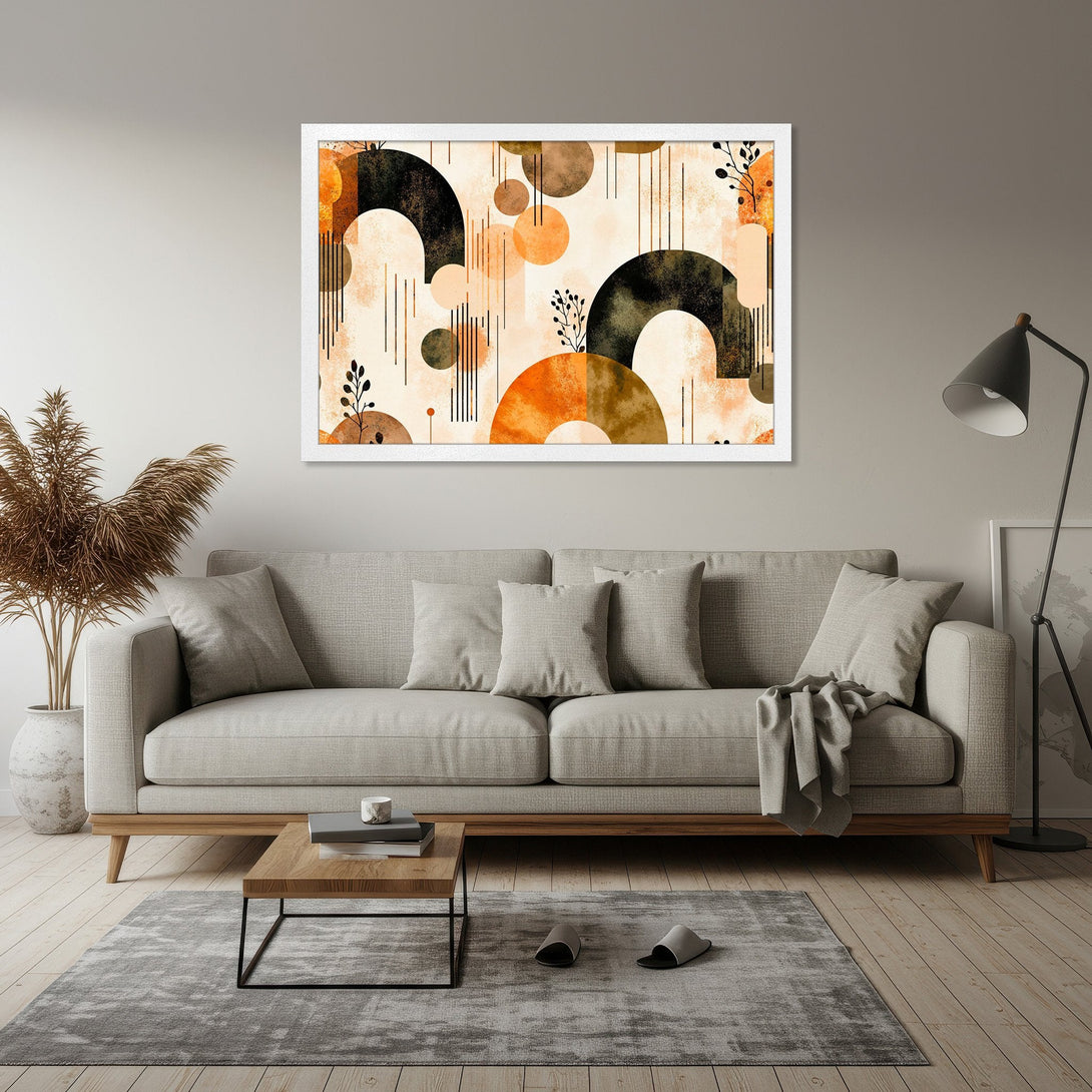 Framed Poster featuring abstract geometric art in warm orange, brown, and black tones. Modern art print for stylish home decor.