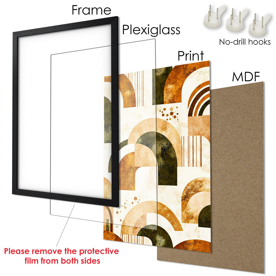 Framed Poster with abstract geometric art in warm earth tones. Modern art print ready to hang.
