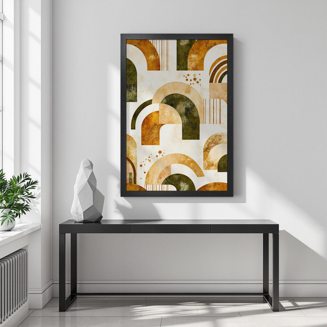 Framed Poster featuring abstract geometric art in warm earth tones. Modern style, perfect for home decor.