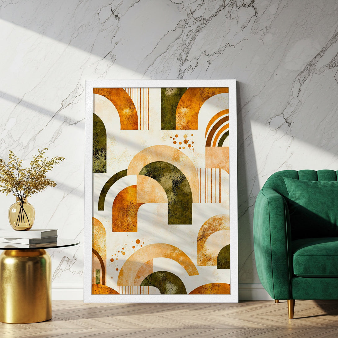 Framed Poster with abstract geometric art in earthy tones. Perfect wall decor for modern homes.