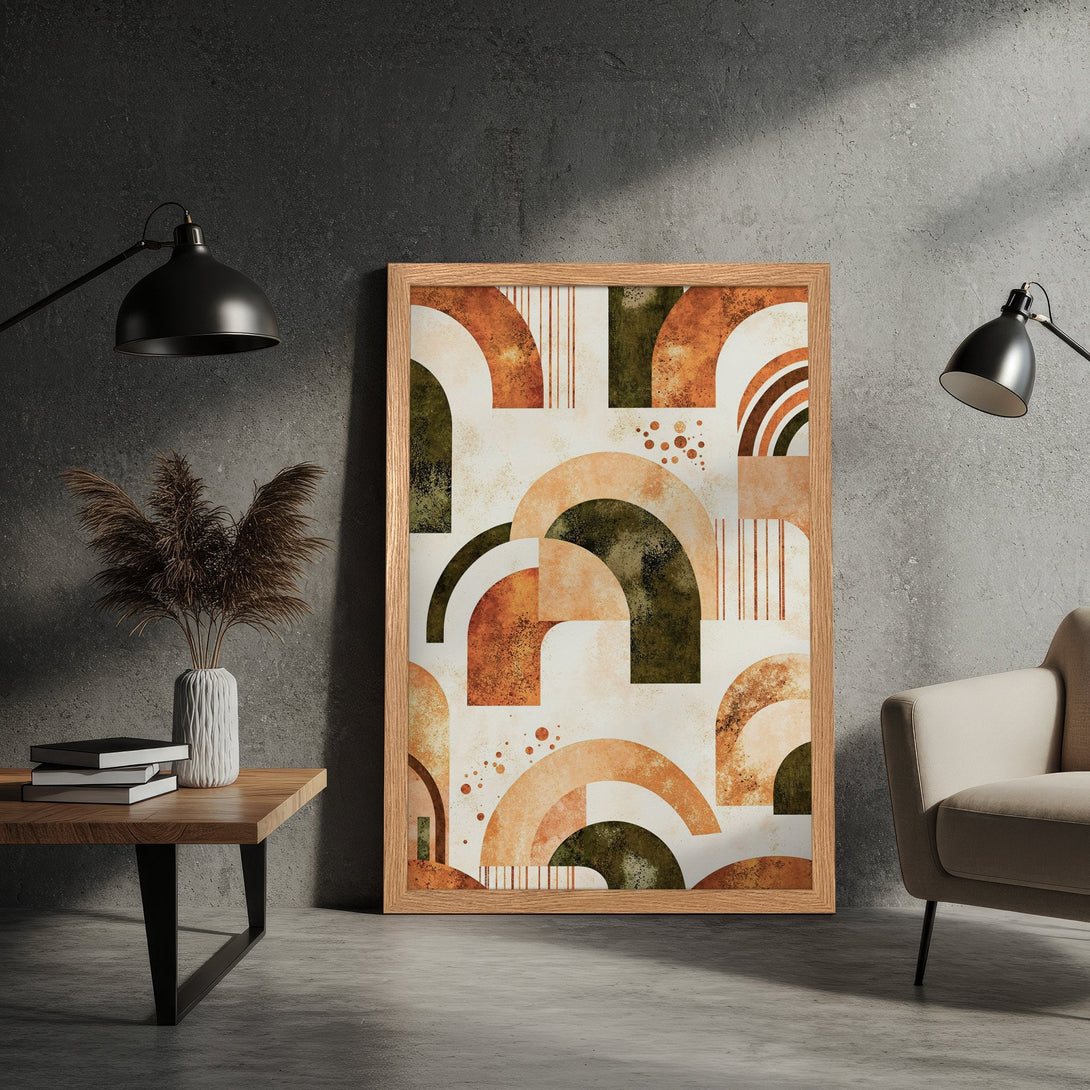 Framed Poster with abstract geometric design in warm earth tones. Perfect art for modern home decor.