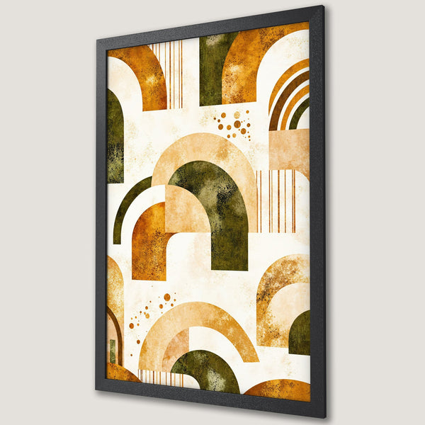 Framed Poster featuring abstract geometric art in earthy tones of gold, olive, and cream. Modern art print for home decor.