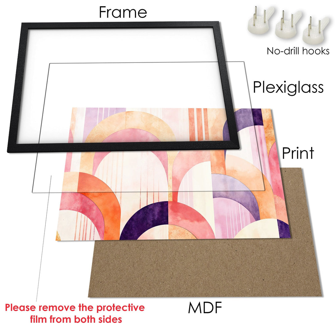 Framed Poster featuring an abstract geometric design in a warm, watercolor palette. Perfect wall art!