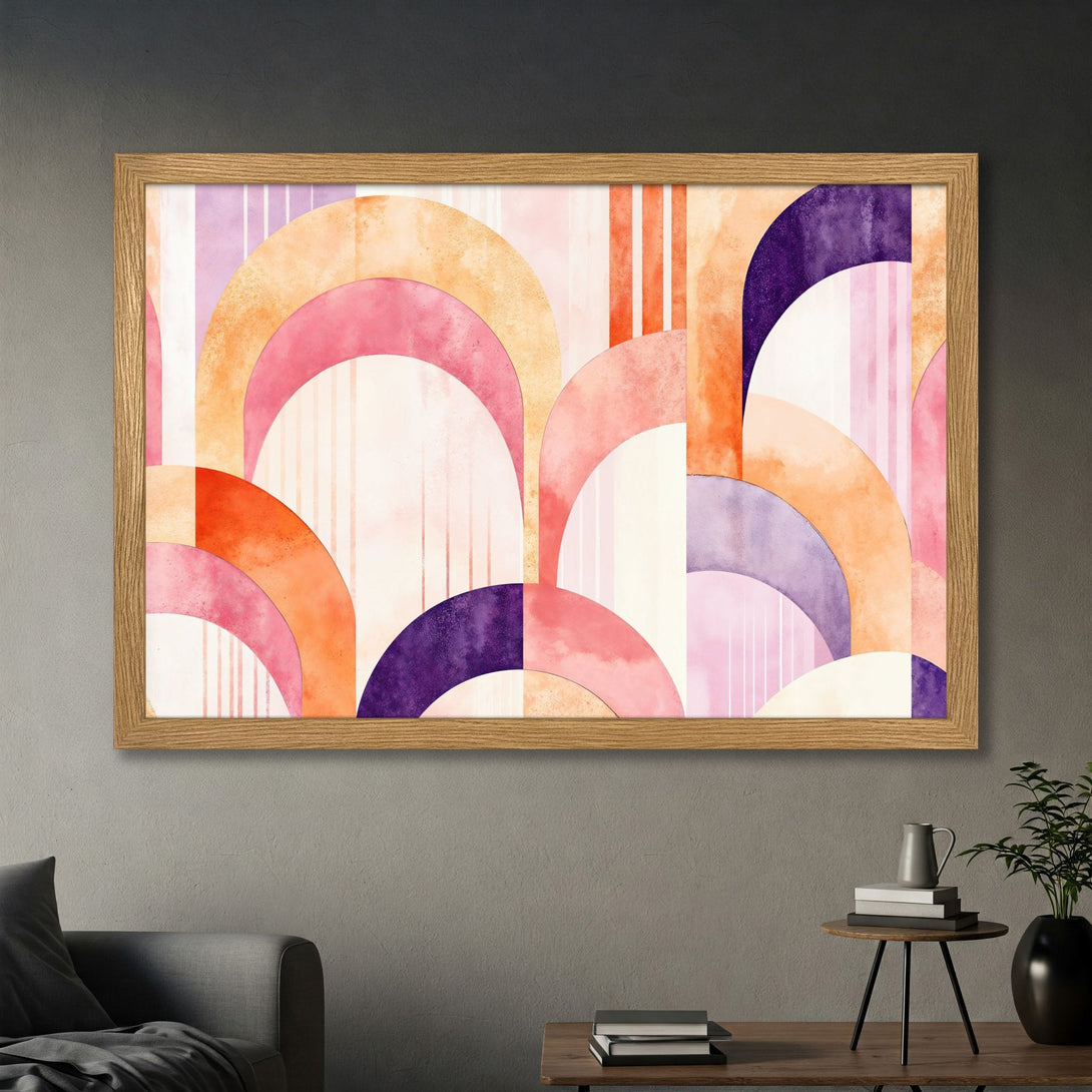 Framed Poster featuring abstract watercolor design with geometric shapes in pink, orange, and purple hues. Modern art for your home!