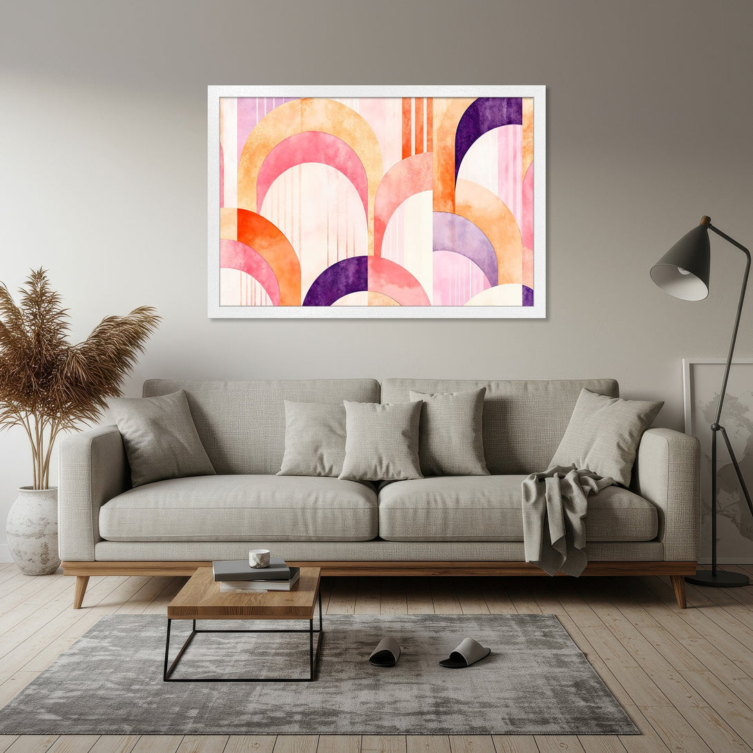 Framed Poster featuring an abstract watercolor design with geometric shapes in warm pink, orange, and purple tones. Modern art style.