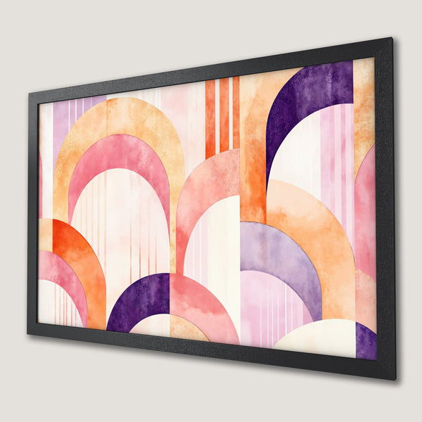 Framed Poster featuring abstract watercolor design with geometric shapes in pink, orange, and purple hues.