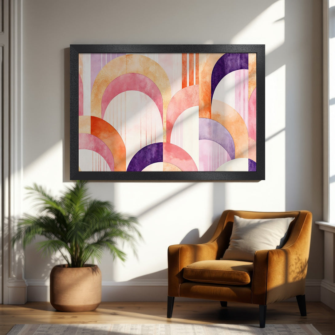 Framed Poster featuring abstract watercolor arches in warm tones. Modern art for home decor.
