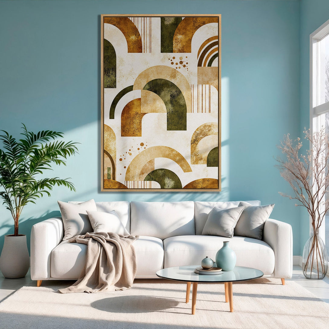 Framed Wall Art featuring an abstract geometric design in earthy tones. Modern art print adds a touch of elegance to any living room.