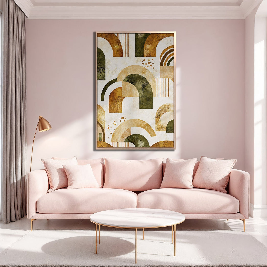 Framed Wall Art: Abstract geometric art in warm earth tones. Modern decor inspiration for living room with pink sofa and gold accents.