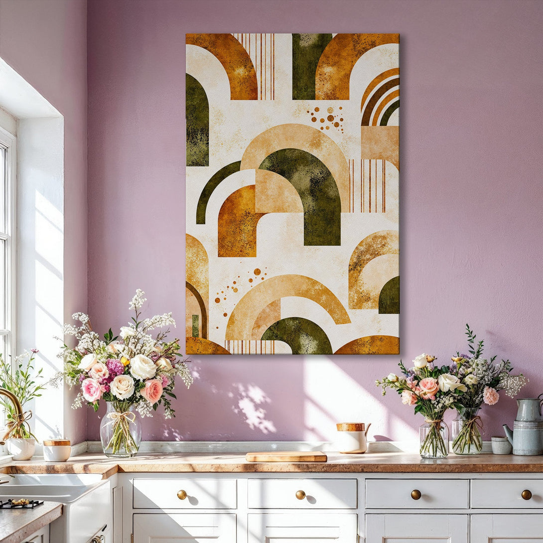 Framed Wall Art featuring abstract geometric design in warm earth tones. Modern art for your home decor.