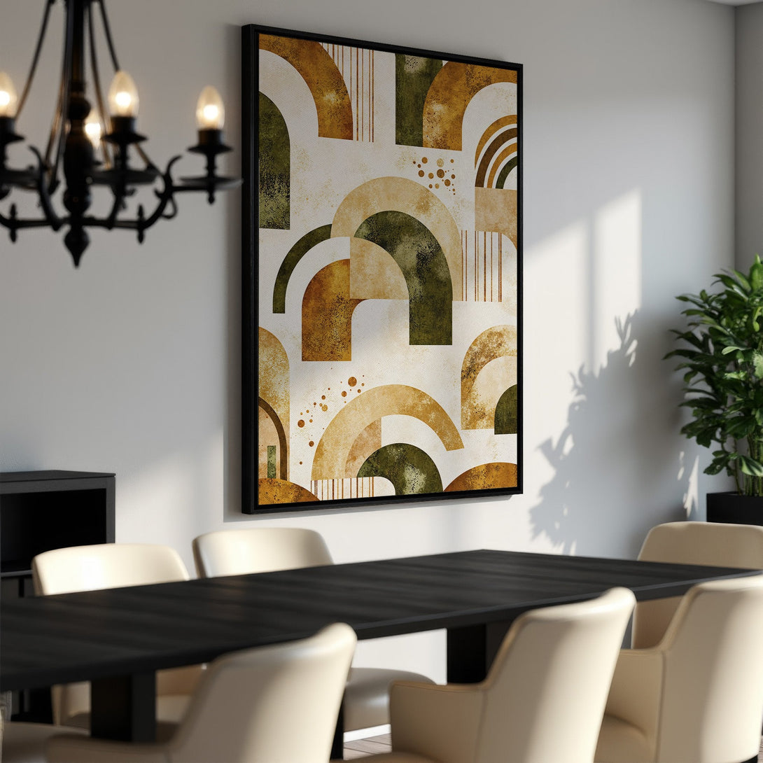 Framed Wall Art with abstract geometric design in earthy tones. Modern Canvas Print adds a stylish touch to any dining room decor.