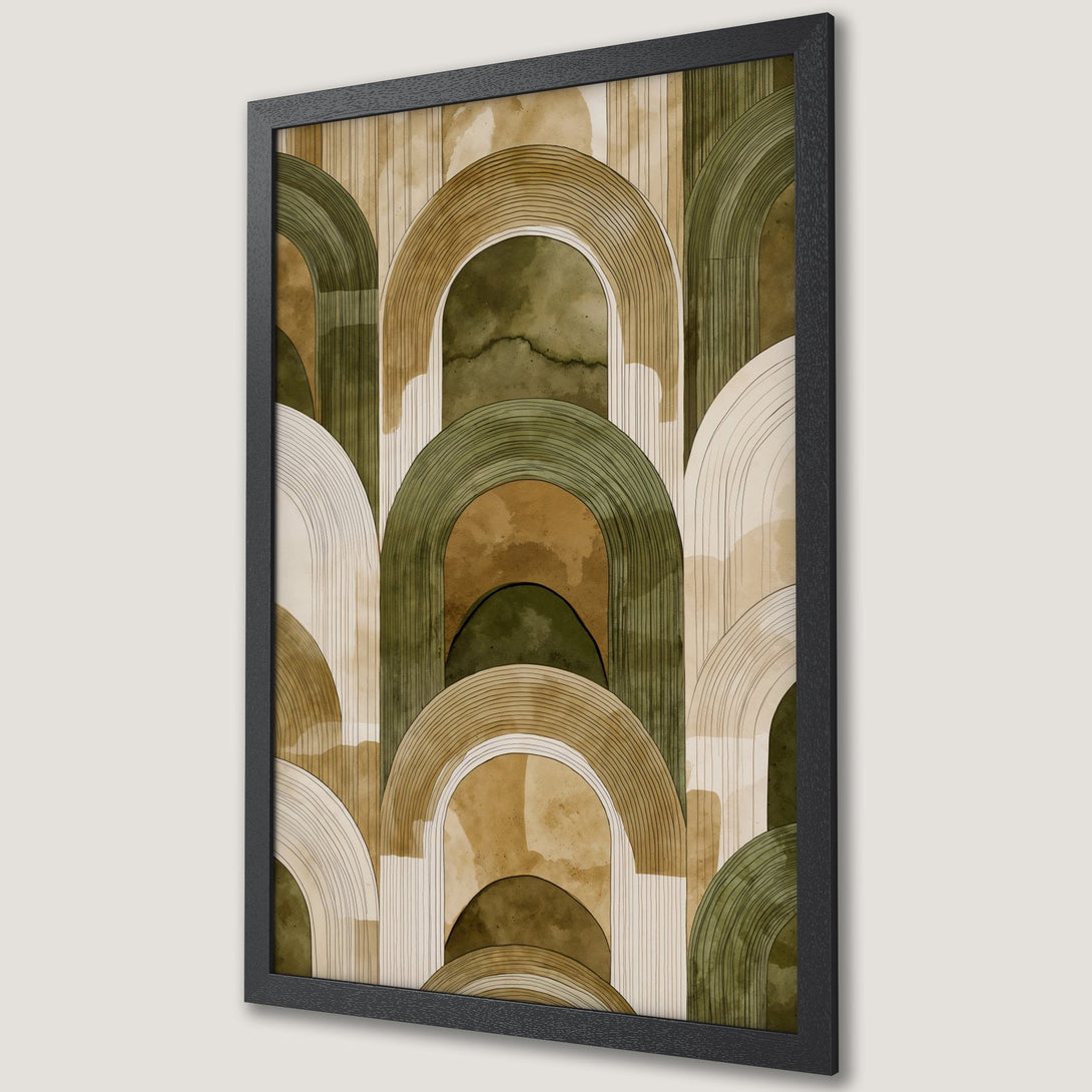 Framed Poster featuring abstract arch design in earthy tones of green, brown, and beige. Modern art perfect for home decor.