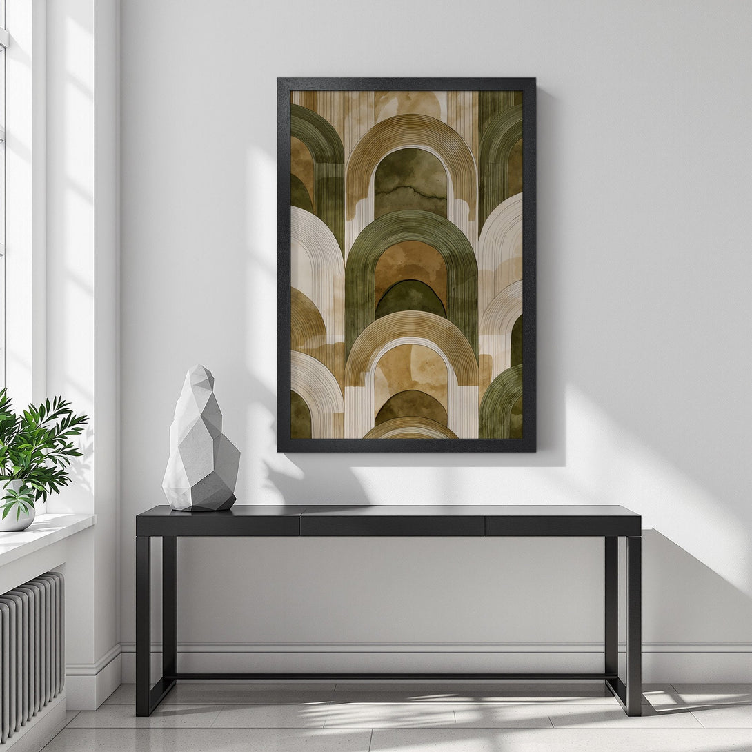 Framed Poster featuring an abstract arch design in a warm, earthy color palette. Perfect art for modern home decor.