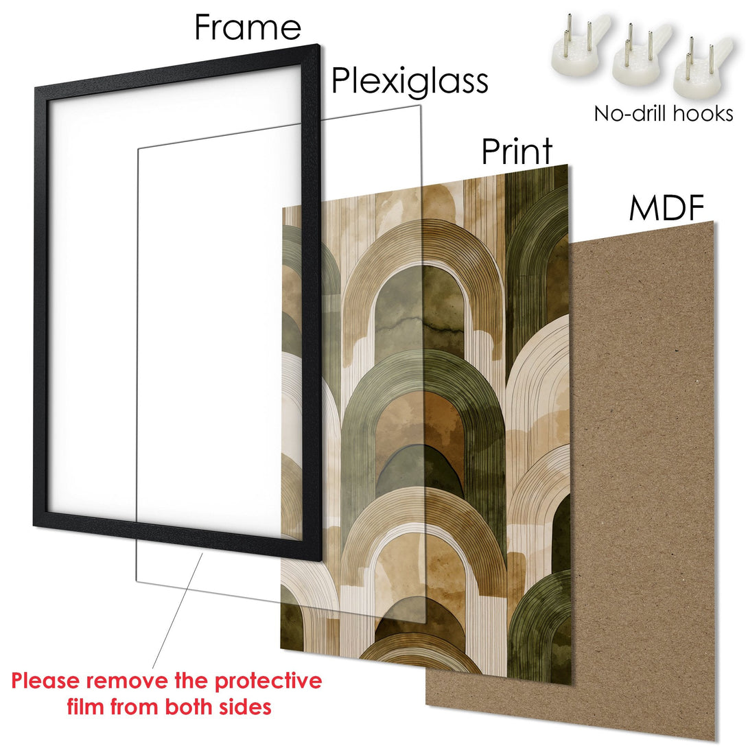 Framed Poster with abstract arch design in earthy tones. Modern art print for home decor. Ready to hang.