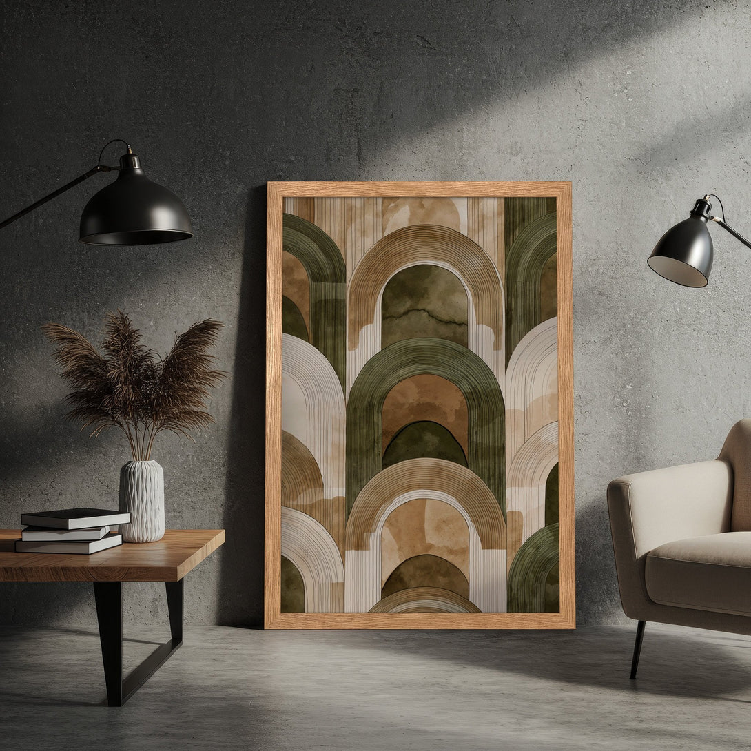 Framed Poster featuring an abstract geometric design in earthy tones, perfect for modern home decor.