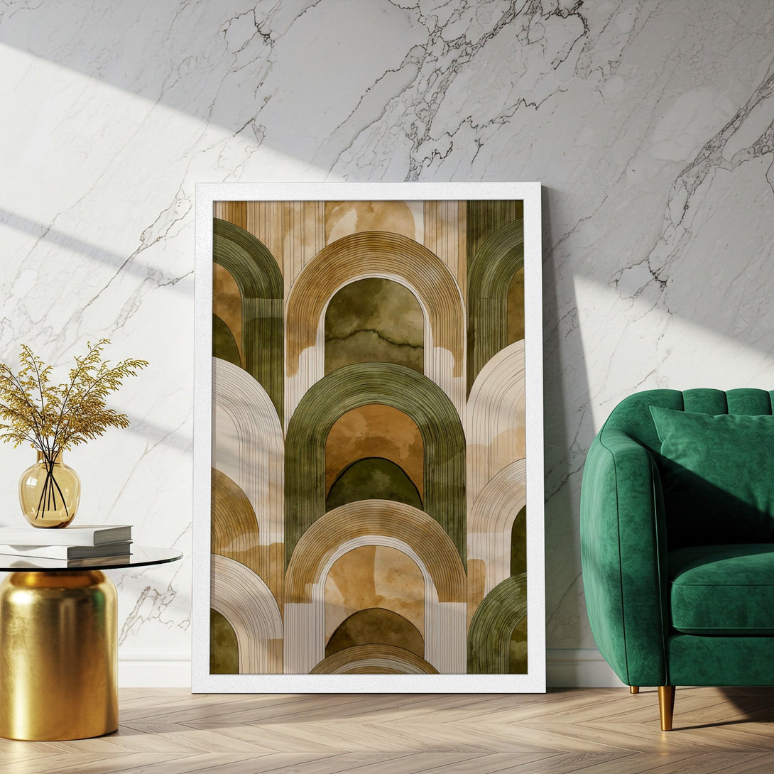 Framed Poster featuring an abstract arch design in earthy tones of green, brown, and beige. Modern art for your home decor.