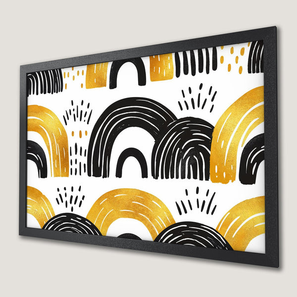 Framed Poster featuring abstract black, gold, and white design. Modern art print perfect for home decor.