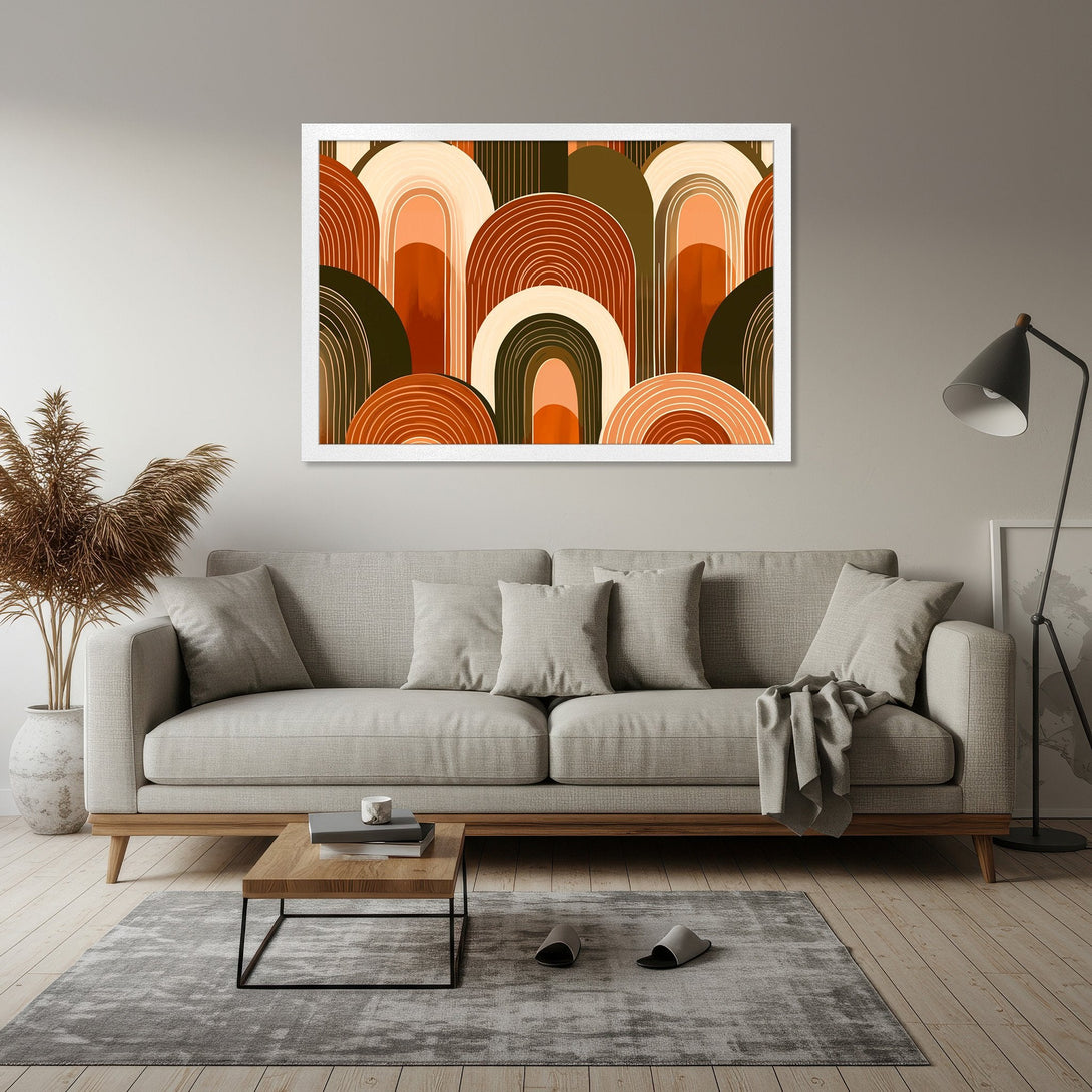 Framed Poster featuring abstract arch design in warm earth tones, perfect for modern home decor.