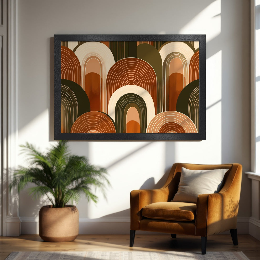Framed Poster featuring an abstract arch design in warm earth tones. Modern art print for home decor.