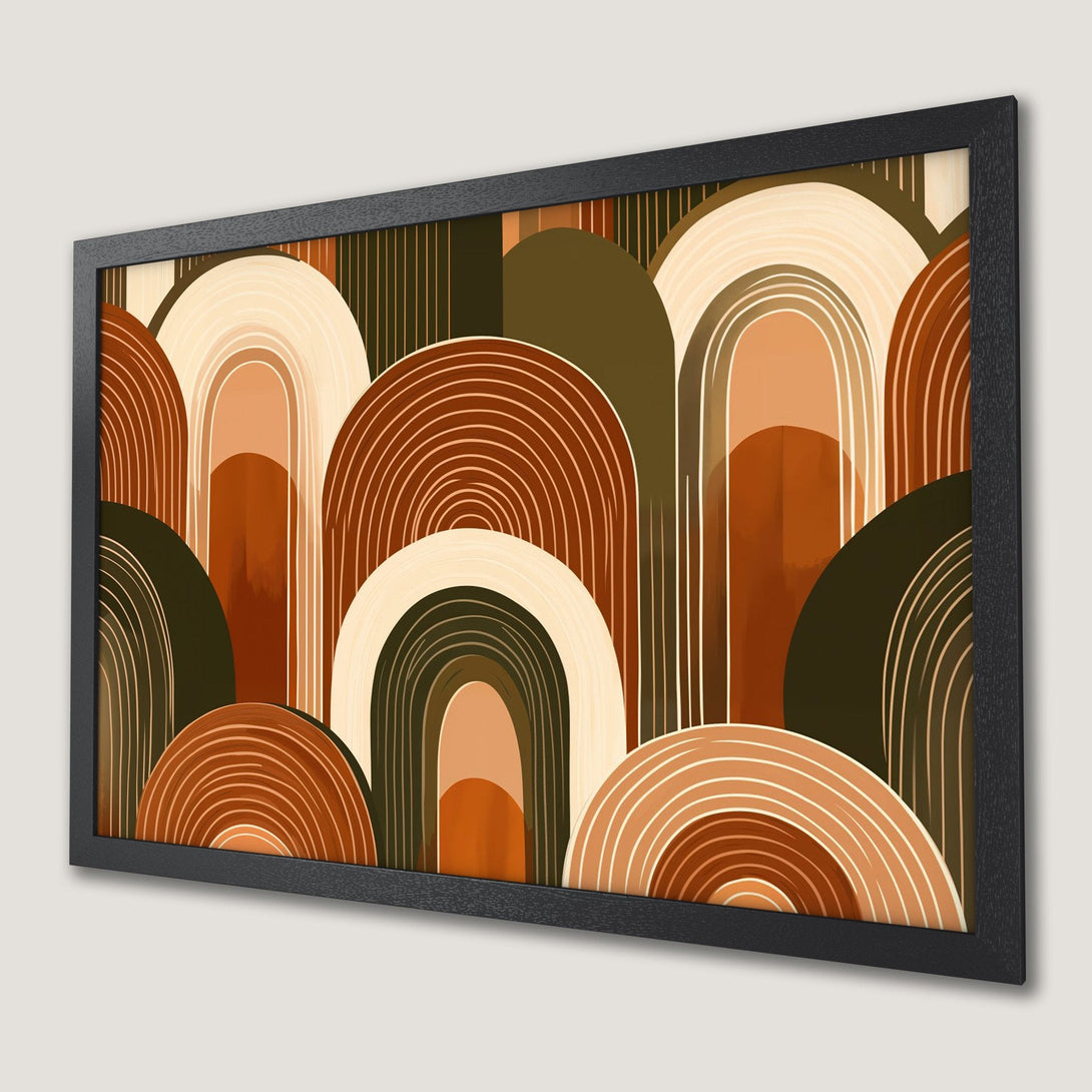 Framed Poster featuring an abstract geometric design with warm earthy tones. Modern art for your home!